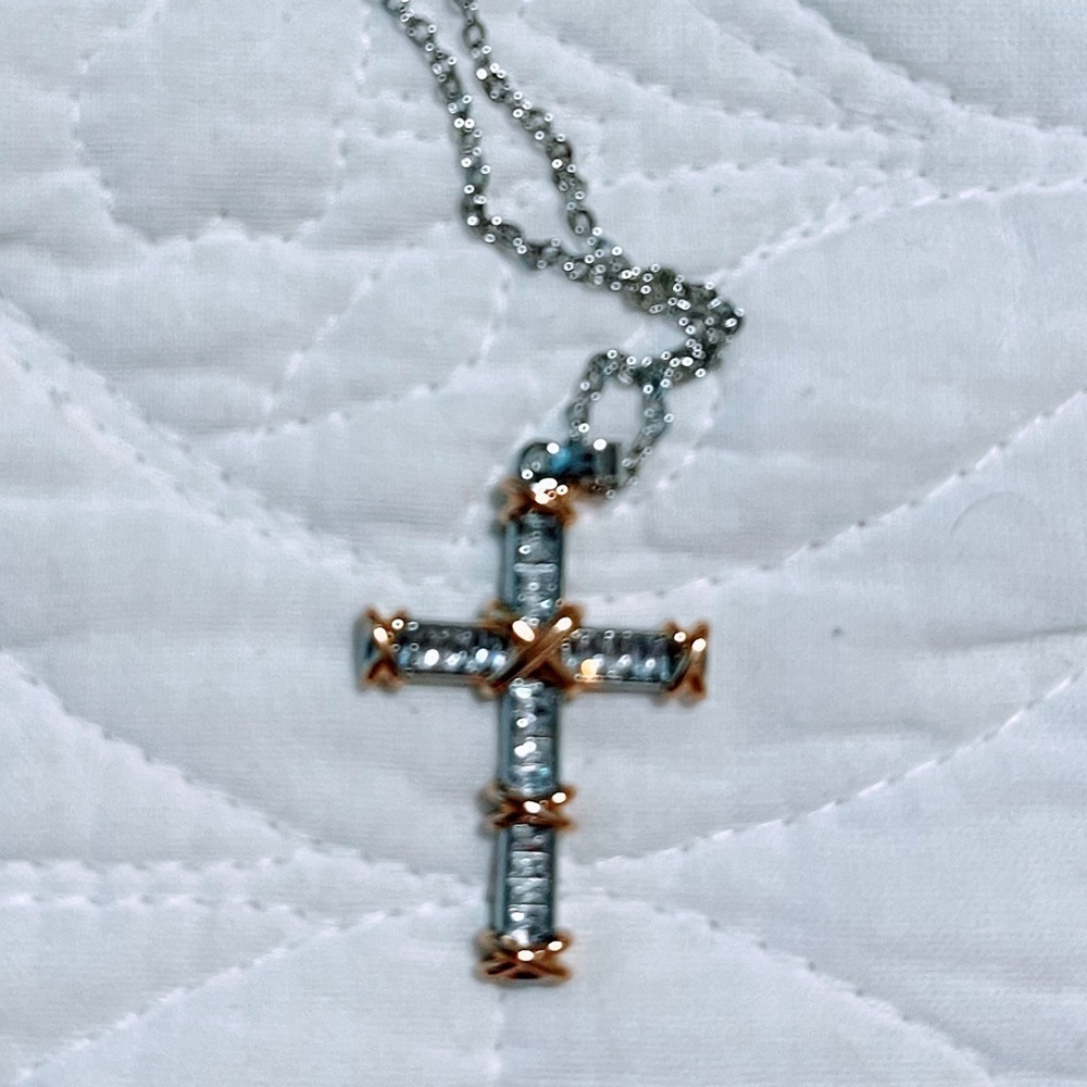 White CZ Silver/Gold Cross Brass Necklace-UNISEX chain 22” L the cross is 1”x2”